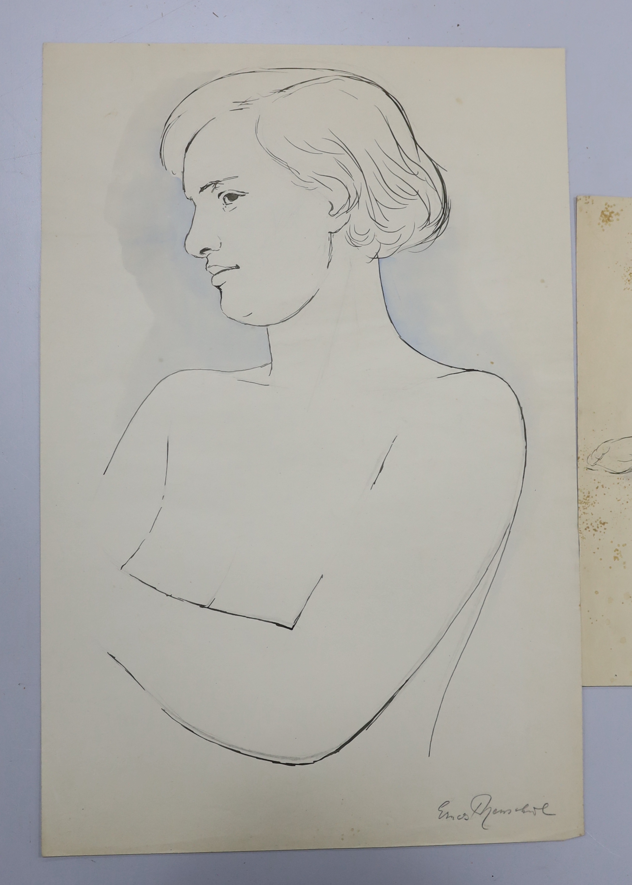 Two mid 20th century ink and washes on paper, figural sketches, nude study and portrait of a lady, each indistinctly signed, unframed, 45 x 29cm